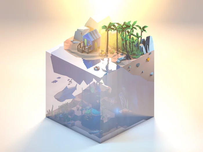 Tropical Island Low Poly - My, Low poly, Art, Cinema 4d, Computer graphics, Island, Tropics, Ocean