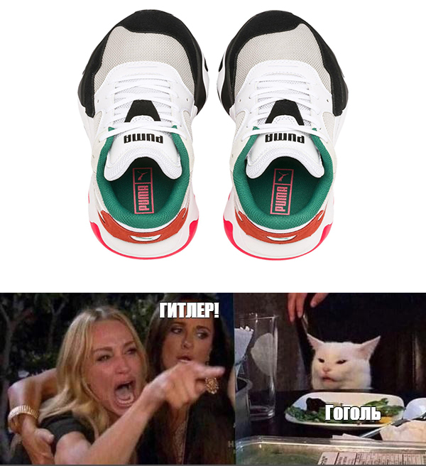 Reply to the post “Sports brand Puma accused of Nazism. All because of the sneakers’ resemblance to Hitler.” - Puma, Adolf Gitler, Shoes, Reply to post, Two women yell at the cat