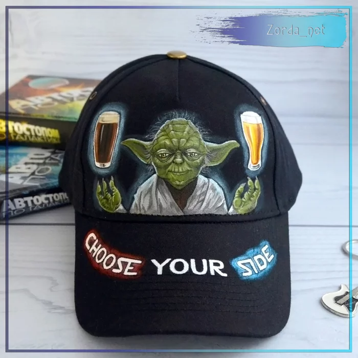 Painted cap Yoda and the hard choice - My, Friday tag is mine, Painting on fabric, Yoda, Baseball cap, Star Wars VII, Needlework without process, Handmade, Video, Longpost, Star Wars VII: The Force Awakens