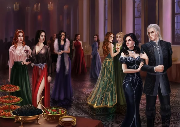 Banquet at Arethusa - Art, Drawing, Witcher, Geralt of Rivia, Yennefer, Triss Merigold, Arethusa