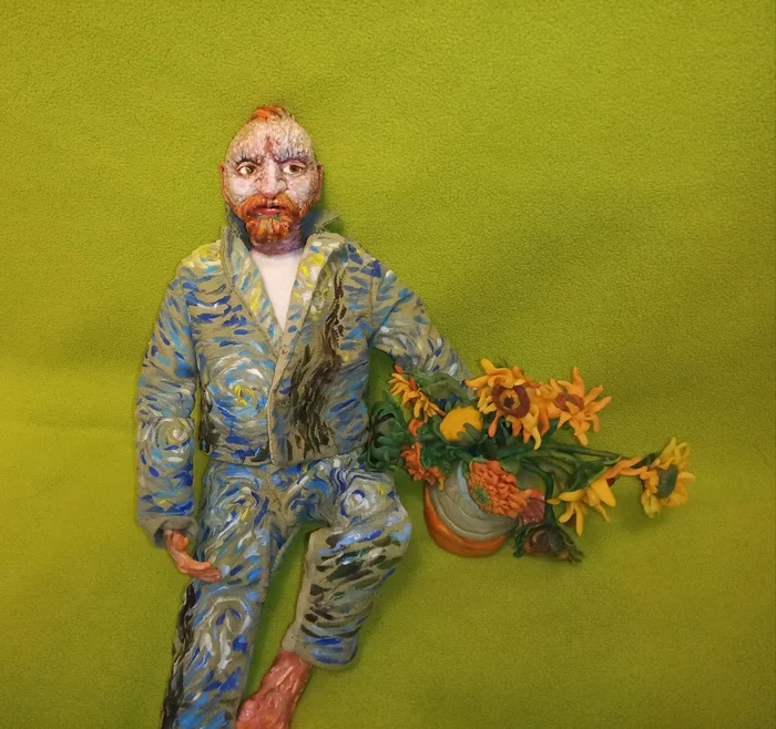 Van Gogh doll and his sunflowers - My, Van Gogh with Love Vincent, Portrait doll, Interior doll, Handmade dolls, Longpost