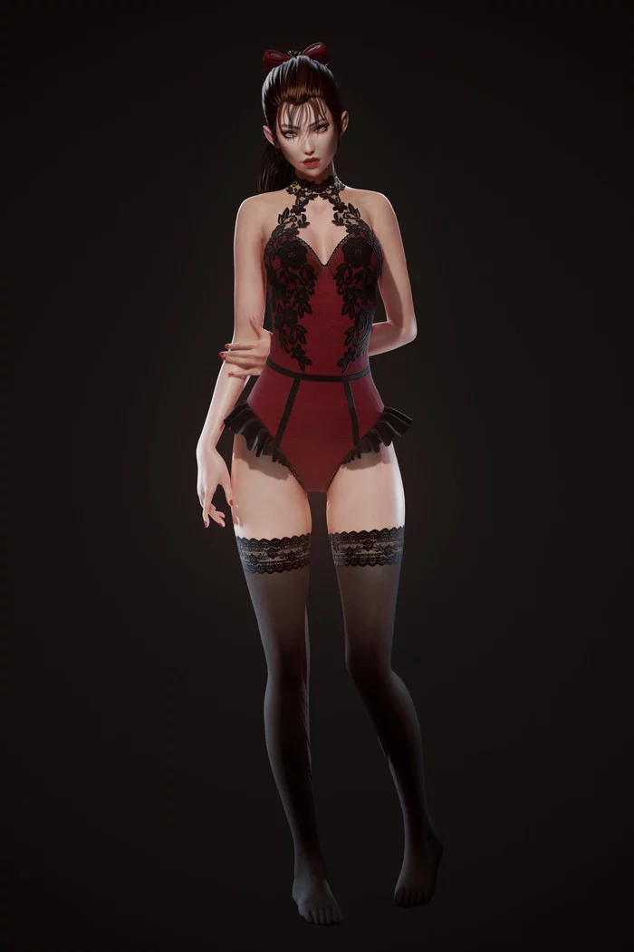 Lady in Red - NSFW, Art, 3D, Girls, Erotic, Underwear, Stockings, Booty, Longpost