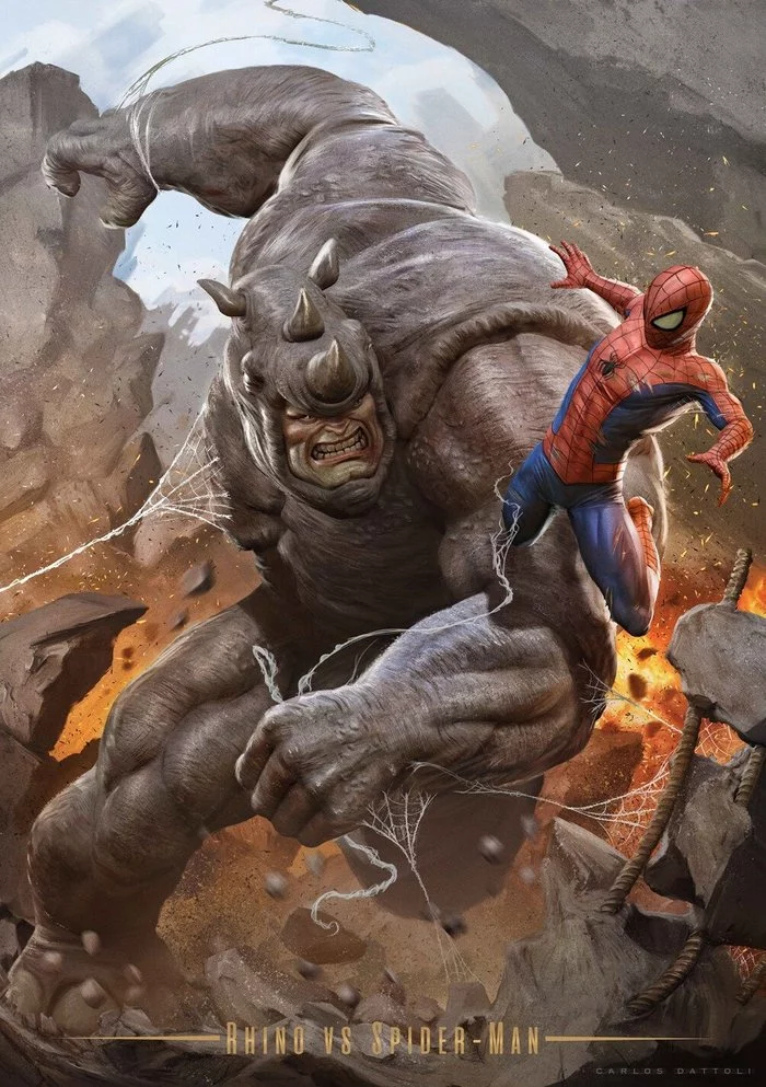 Rhino vs Spiderman - Art, Drawing, Marvel, Reno, Spiderman, Superheroes, Supervillains