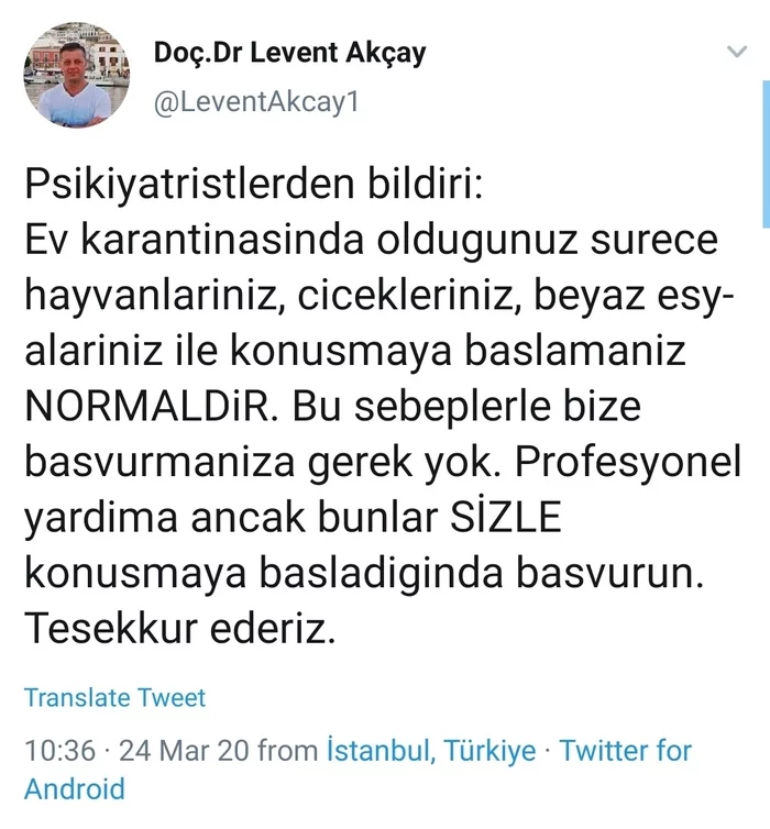 Important information from a psychiatrist from Turkey - Psychiatry, Humor, Medics, Quarantine, Coronavirus, Professional humor, Twitter