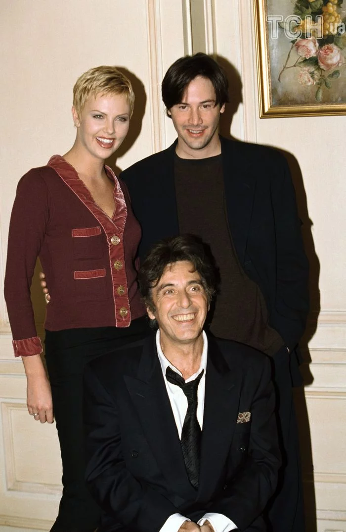 Keanu Reeves, Al Pacino and Charlize Theron during the Devil's Advocate 1997 promotional campaign - Keanu Reeves, Charlize Theron, Al Pacino, Devil's Advocate, 1997