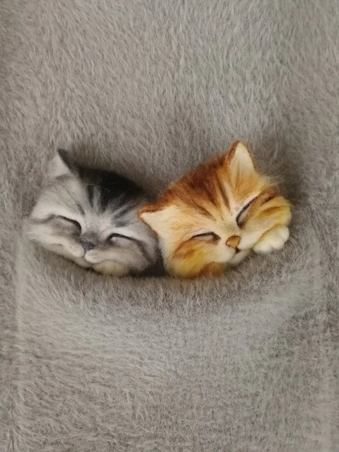 Brooches dry felting Sleeping kittens - My, Needlework without process, Dry felting, Brooch, Longpost