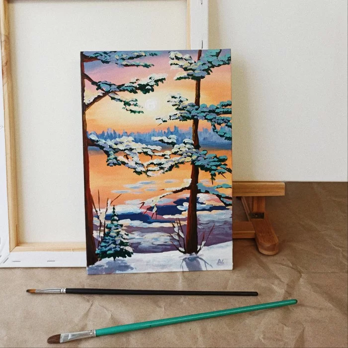 Trying acrylic again - My, Painting, Landscape, Winter, Sunset