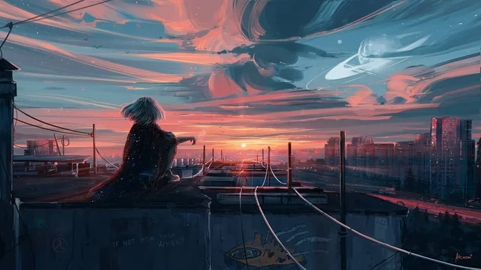 On the roof - Art, Drawing, Roof, Clouds, Alena Aenami