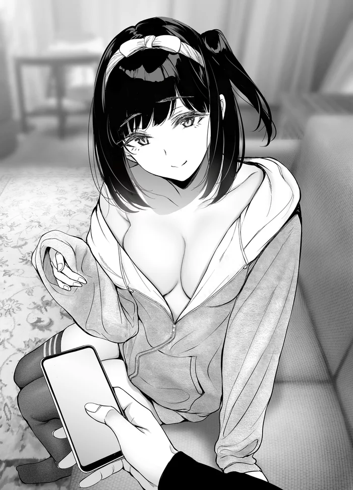 Hoodie - NSFW, Anime, Anime art, Original character, Hoodie, No bra, Longpost, Breast, Stockings