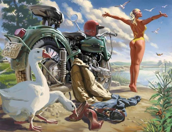 Morning of the young chairman - Art, Drawing, Girls, Valery Barykin, Pin up, Гусь, Moto