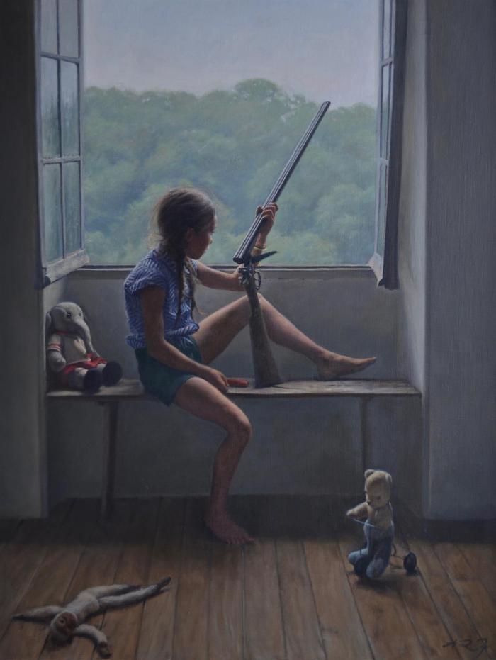 In the morning - Girl, Window, Toys, Weapon, Painting, Children, Alex Russell Flint