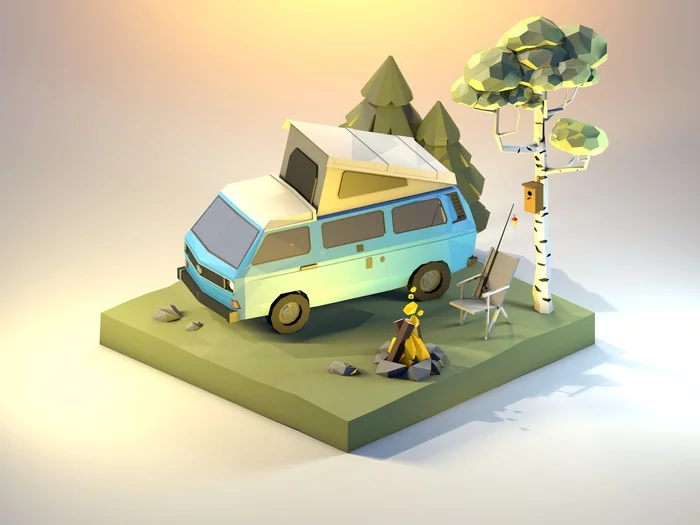 Motorhome Low Poly - My, Low poly, Art, Cinema 4d, Computer graphics, 3D, House on wheels, Travels