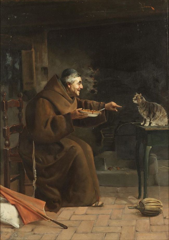 Capuchin feeding a cat - Painting, Painting, Monks, cat