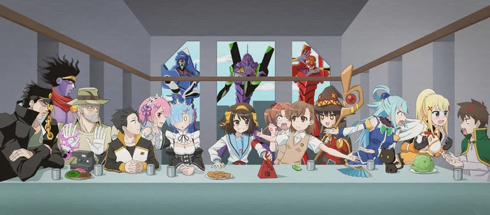 The Last Supper - Anime version - Anime, Anime art, Crossover, The last supper, Konosuba, Re: Zero Kara, To aru Kagaku No Railgun, Evangelion, Jojos bizarre adventure, Suzumiya Haruhi no Yuuutsu