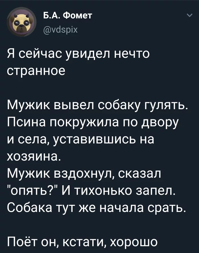 Условный рефлекс - Twitter, Собака, Выгул, Пение, Условный рефлекс, Юмор, Картинка с текстом, Скриншот