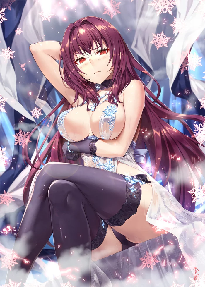 Scathach - NSFW, Anime Art, Эротика, Fate Grand Order, Scathach, Грудь, Нижнее белье, Чулки, Gabiran