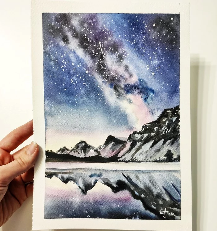 Mountains - My, Watercolor, Art, The mountains, Starry sky, River, Constellations, Sunset