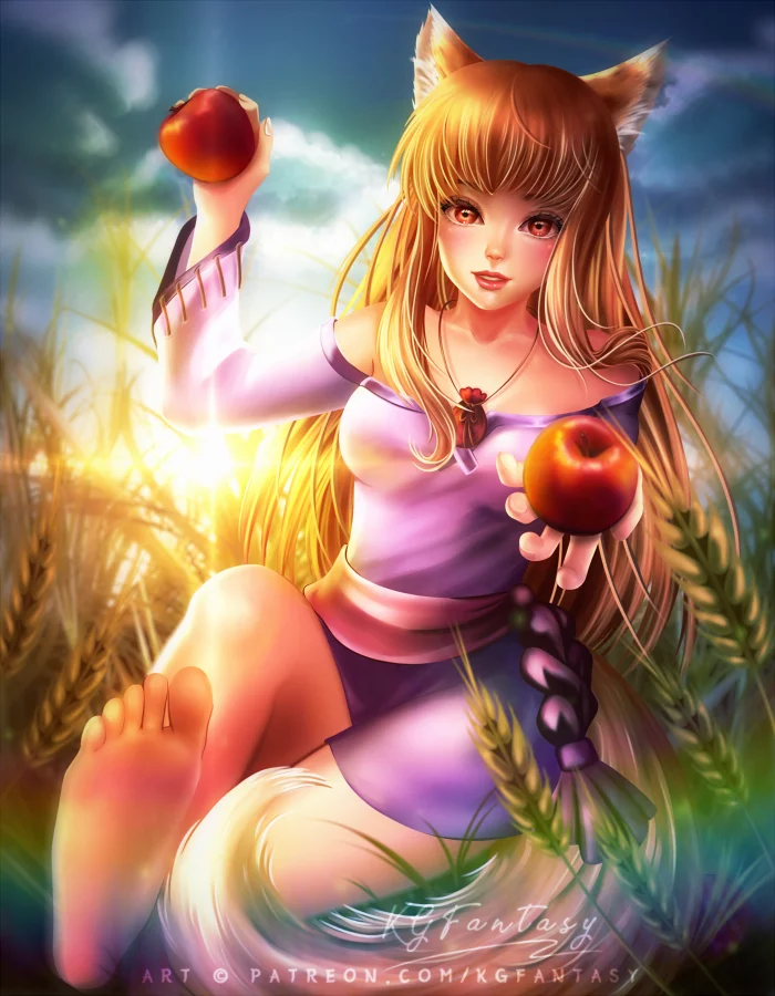 Horo (Spice and Wolf) - Арт, Anime Art, Яблоки, Закат, Spice and wolf, Holo, Аниме, Animal Ears