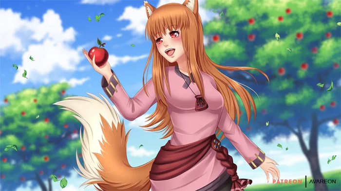 Horo - NSFW, Аниме, Арт, Яблоки, Spice and wolf, Holo, Anime Art, Animal Ears, Грудь