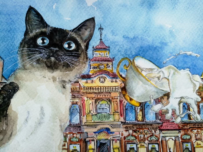 Perlov's tea shop - My, cat, Drawing, Watercolor, Drawing process, Tea, Longpost, Moscow