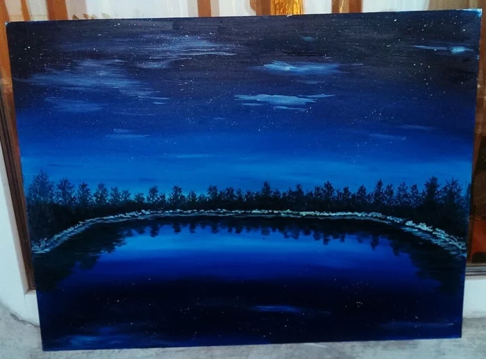 Serenity. Oil painting to suit your mood :) - My, Painting, Oil painting, Landscape, Lake, Night