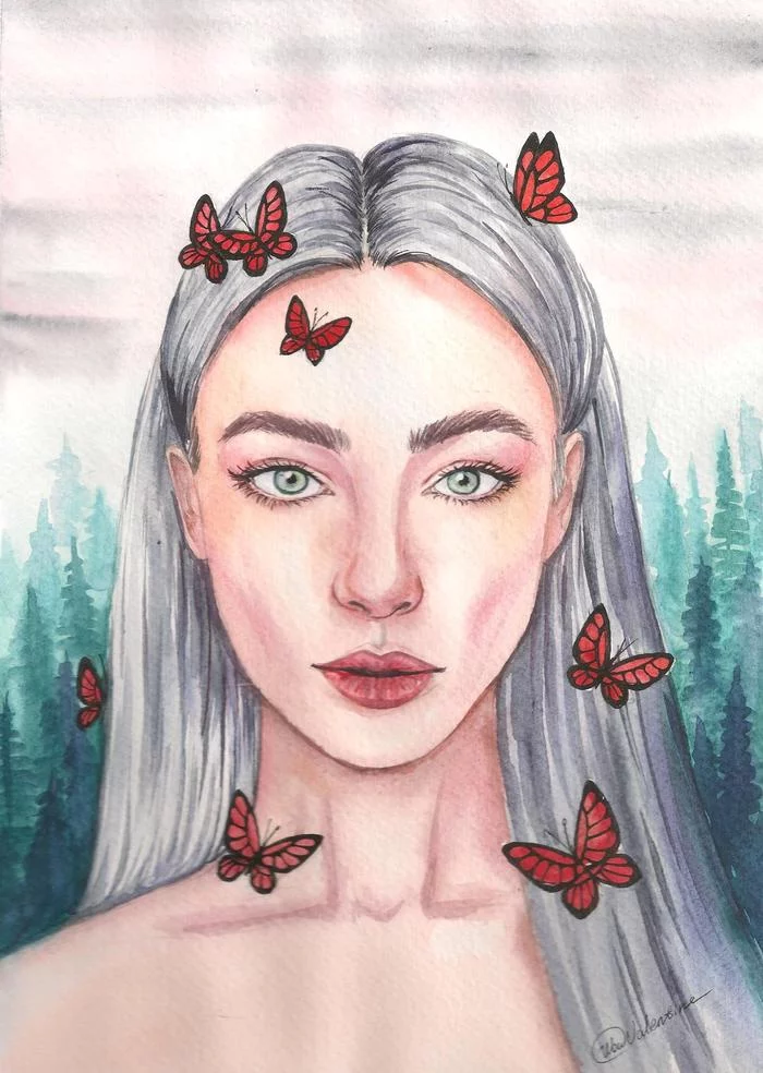 Scarlet butterflies - My, Portrait, Portrait by photo, Watercolor, Girls, Butterfly