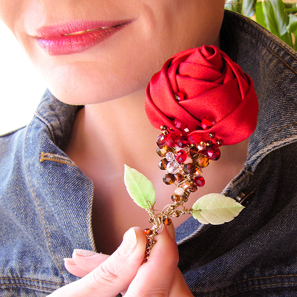 Brooch in the form of a red rose - My, Brooch, Decoration, With your own hands, Needlework without process, Handmade, Longpost, the Rose, Polymer clay