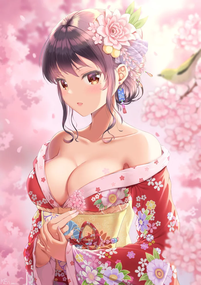 Kimono - NSFW, Anime art, Anime original, Girls, Breast, Sakura, Kimono, Art, Erotic, Original character