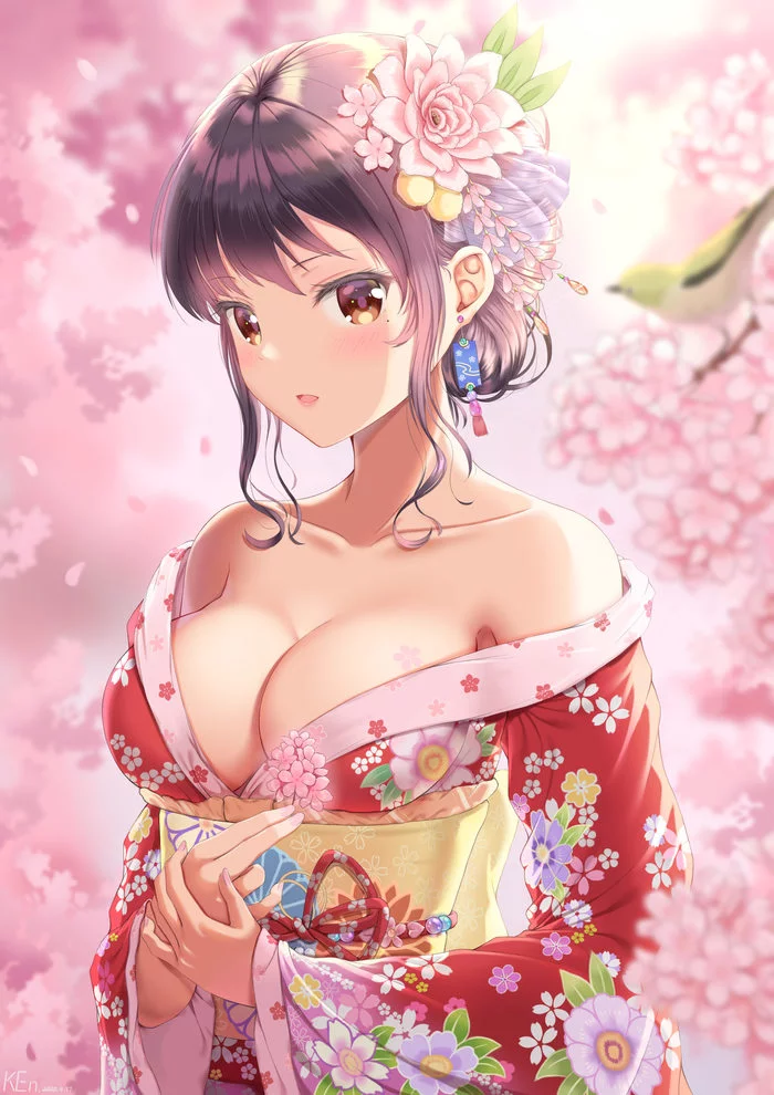 Kimono - NSFW, Anime Art, Original Character, Девушки, Грудь, Сакура, Кимоно, Арт, Эротика