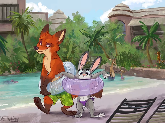 Near the swimming pool - Zootopia, Nick and Judy, Landscape, Art, Swimming pool, Nick wilde, Judy hopps, Spainfischer