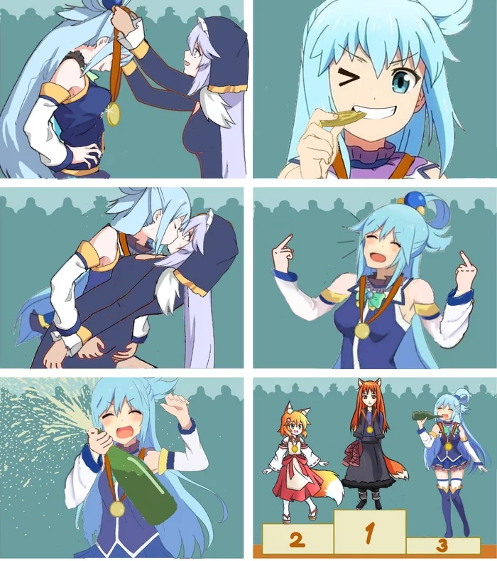 Aqua at the goddess competition - Holo, Eris, Aqua, Senko-San, Anime art, Memes, Crossover, Anime