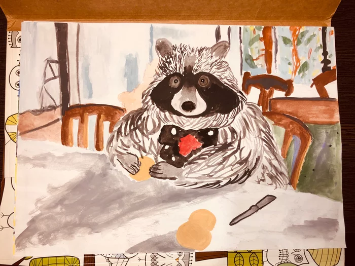 Girl with peaches. Raccoon version - My, Raccoon, Painting, Humor, I'm an artist - that's how I see it, Girl with peaches, Drawing