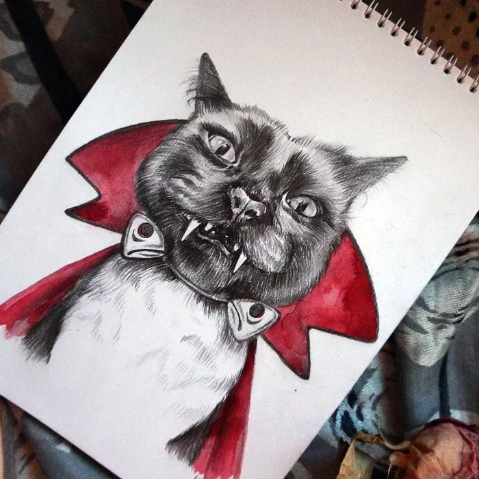 Drawing of a black cat in the image of Count Dracula - My, cat, Milota, Dracula, Drawing, Art, Graphics, Watercolor, Video, Longpost