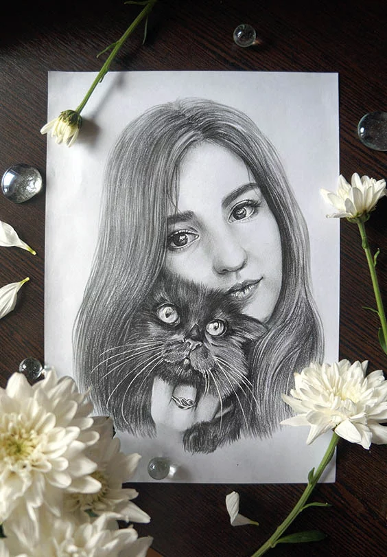 Girl and cat my drawing with a simple pencil - My, cat, Animals, Portrait, Girls, Drawing, Artist, Pencil drawing, Longpost