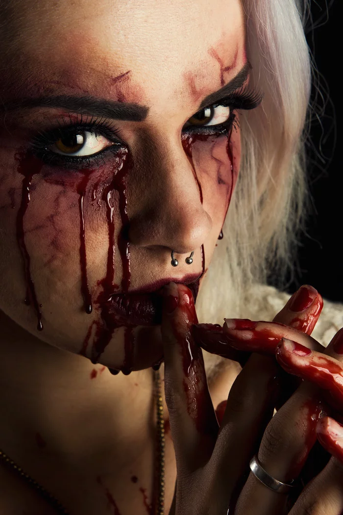 A girl in blood and not only - NSFW, Girls, Beautiful girl, Blood, Red, Women, Makeup, Art, Longpost