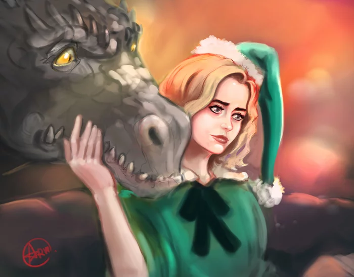 cat - My, Artobstrel, Emilia Clarke, Digital drawing, Daenerys Targaryen, Drogon, Game of Thrones