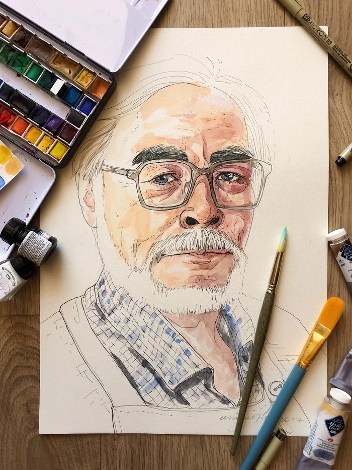 Favorite director Hayao Miyazaki - My, Watercolor, Portrait, Hayao Miyazaki, Liner, Longpost