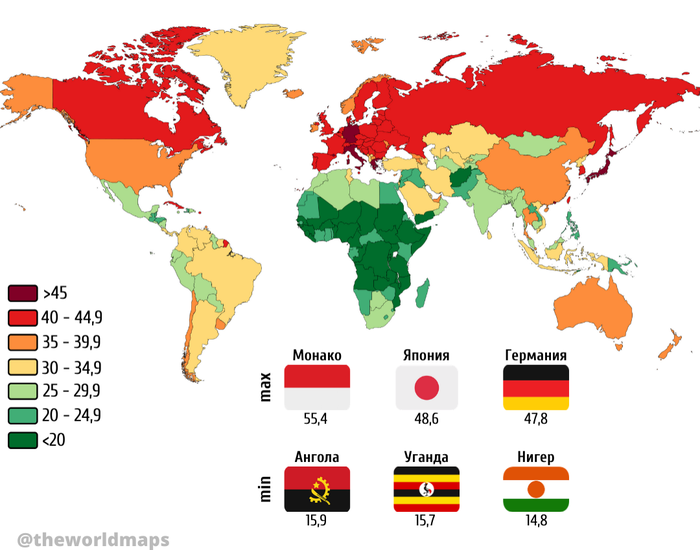 Средний возраст населения в странах мира Карты, География, Мир, Возраст, Население, Страны, Карта мира