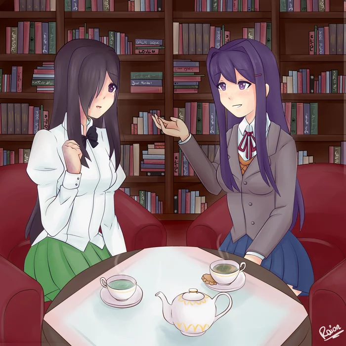 Yuri and Hanako talking about stuff - Doki Doki Literature Club, Katawa shoujo, Crossover, Hanako ikezawa, Yuri DDLC, Anime art, Visual novel
