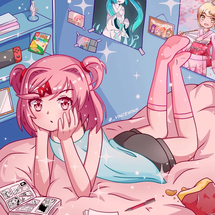 Natsuki reading manga - Doki Doki Literature Club, Natsuki, Anime Art, Визуальная новелла
