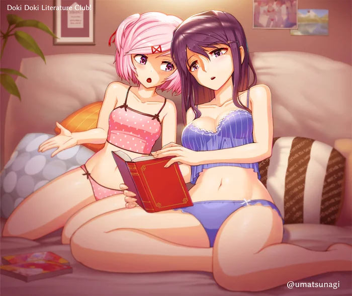 Natsuki and Yuri reading - NSFW, Doki Doki Literature Club, Natsuki, Yuri DDLC, Anime Art, Визуальная новелла, 18+