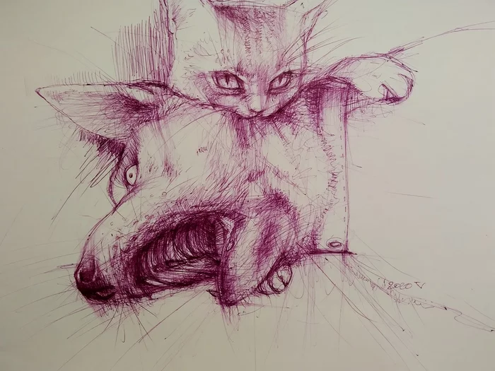 Suffering - My, Drawing, Pen drawing, Animals, Sketch, Sketch, Graphics, cat, Dog