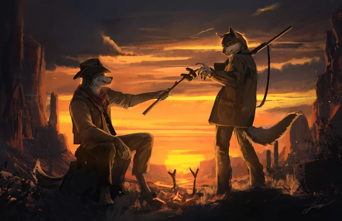 Dinner with a sunset view - Kadrion, Furry, Sunset, Wolf