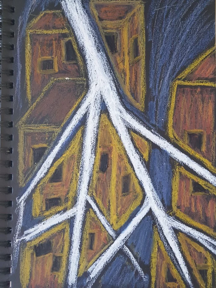 Lightning - My, Oil pastel, Night, Lightning