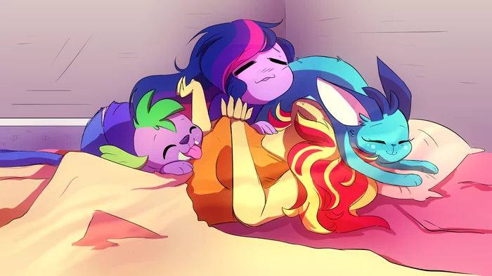 Everyone sleeps on Sunset - My little pony, Equestria girls, Sunset shimmer, Twilight sparkle, Spike, Princess ember