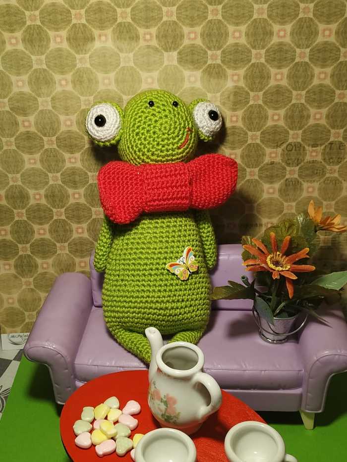 Little Frog Lenya - My, Crochet, Amigurumi, Needlework without process, Toys, Soft toy, Knitted toys, Frogs