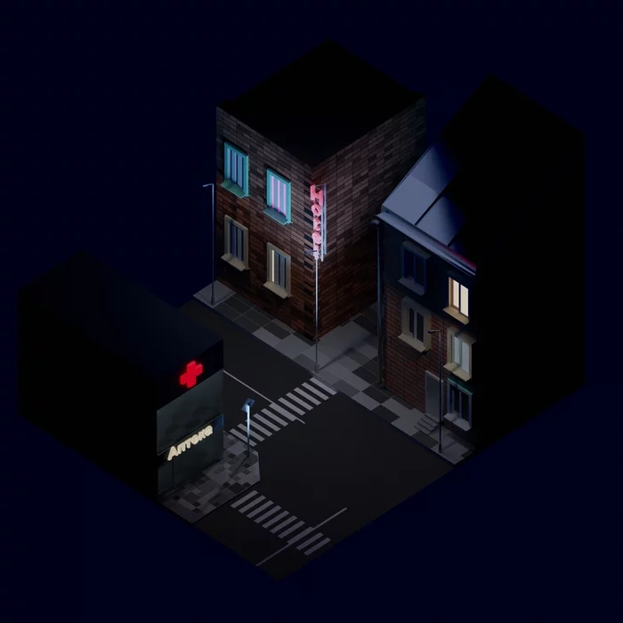 Low poly street - My, Blender, Low poly, Night, The street, Lamp, Pharmacy