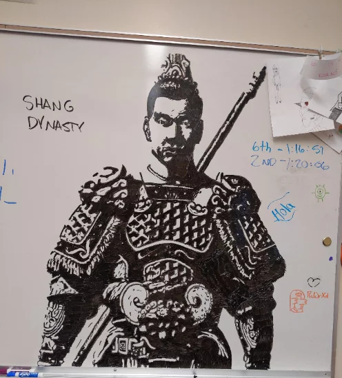 “My history teacher made a drawing on the board about the topic of today’s lesson.” - Story, Drawing, Lesson, USA, Art, Warrior, Blackboard, Asians