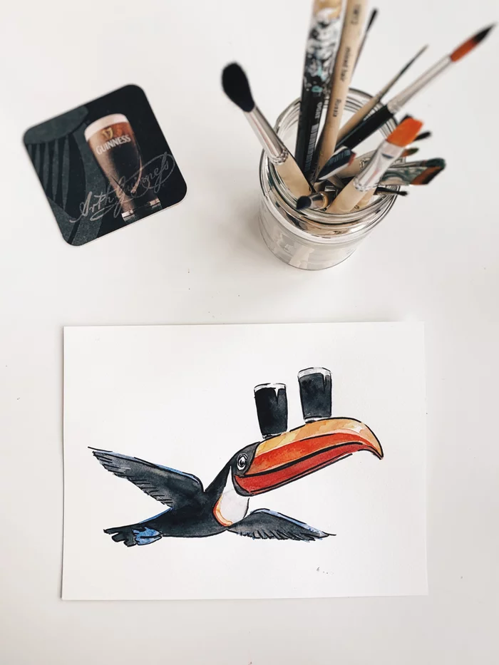 2 Guinness please! - My, Sketch, Watercolor, Drawing, Artist, Guinness beer, Toucan, Longpost