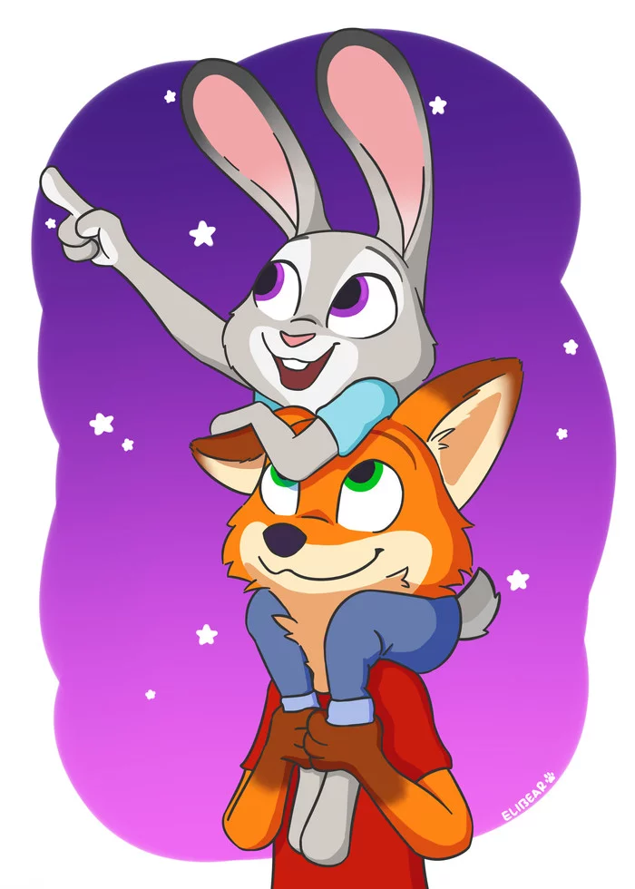 starry sky - Zootopia, Nick and Judy, Stars, Night, Milota, Art